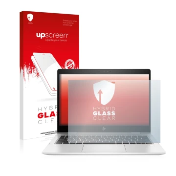 Parte frontal de un envase de producto con el logotipo de la marca upscreen. Al lado se muestra el dispositivo HP EliteBook x3