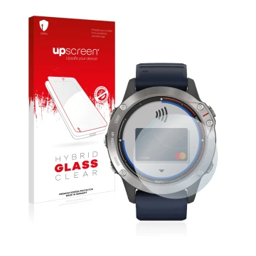 Parte frontal de un envase de producto con el logotipo de la marca upscreen. Al lado se muestra el dispositivo Garmin quatix 6