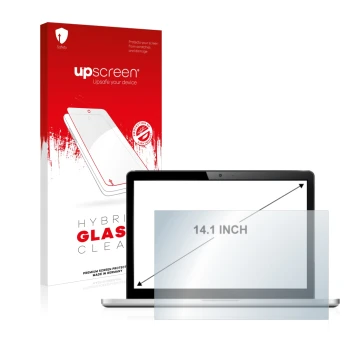 Parte frontal de un envase de producto con el logotipo de la marca upscreen. Al lado se muestra el dispositivo con su protecto