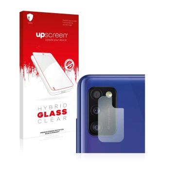 Parte frontal de un envase de producto con el logotipo de la marca upscreen. Al lado se muestra el dispositivo Samsung Galaxy 
