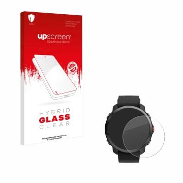 Parte frontal de un envase de producto con el logotipo de la marca upscreen. Al lado se muestra el dispositivo Polar Grit X co