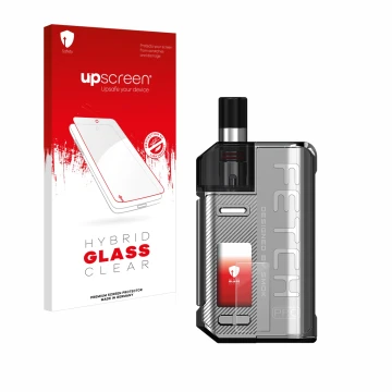 Parte frontal de un envase de producto con el logotipo de la marca upscreen. Al lado se muestra el dispositivo Smok Fetch 80W 