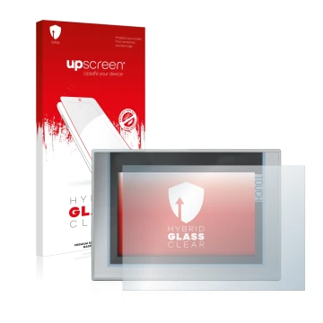 Parte frontal de un envase de producto con el logotipo de la marca upscreen. Al lado se muestra el dispositivo Siemens Simatic