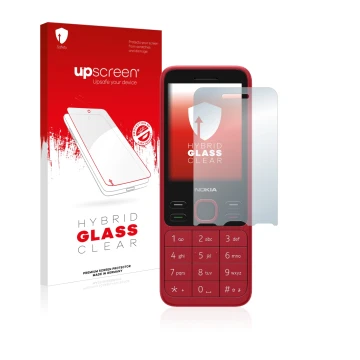 Parte frontal de un envase de producto con el logotipo de la marca upscreen. Al lado se muestra el dispositivo Nokia 150 2020 