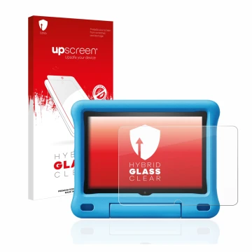 Parte frontal de un envase de producto con el logotipo de la marca upscreen. Al lado se muestra el dispositivo Amazon Fire HD 