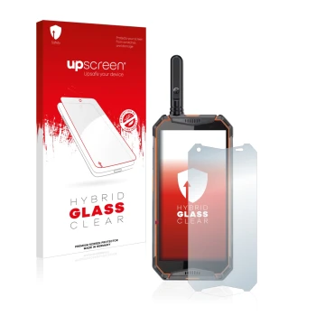 Parte frontal de un envase de producto con el logotipo de la marca upscreen. Al lado se muestra el dispositivo Ulefone Armor 3