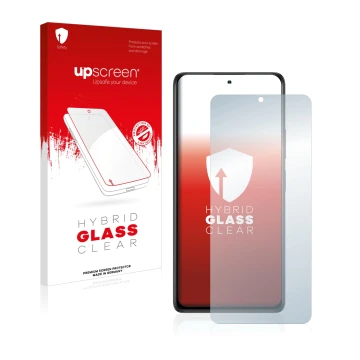 Parte frontal de un envase de producto con el logotipo de la marca upscreen. Al lado se muestra el dispositivo Xiaomi Redmi No