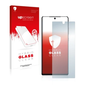 Parte frontal de un envase de producto con el logotipo de la marca upscreen. Al lado se muestra el dispositivo Samsung Galaxy 