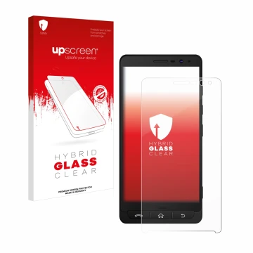 Parte frontal de un envase de producto con el logotipo de la marca upscreen. Al lado se muestra el dispositivo Beafon M5 con s