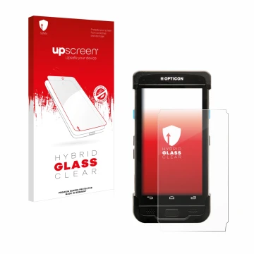 Parte frontal de un envase de producto con el logotipo de la marca upscreen. Al lado se muestra el dispositivo Opticon H-31 co