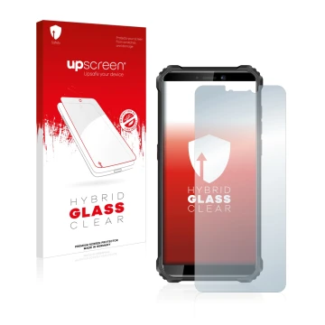 Parte frontal de un envase de producto con el logotipo de la marca upscreen. Al lado se muestra el dispositivo Oukitel WP5 con