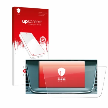 Parte frontal de un envase de producto con el logotipo de la marca upscreen. Al lado se muestra el dispositivo Opel Grandland 