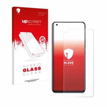 Parte frontal de un envase de producto con el logotipo de la marca upscreen. Al lado se muestra el dispositivo Vivo X50 con su