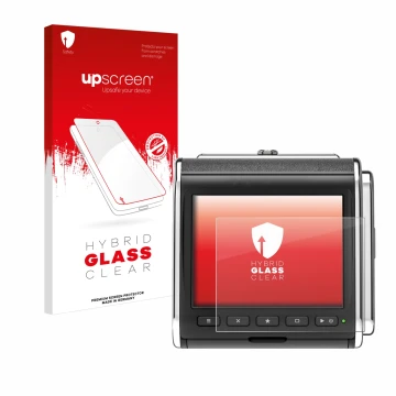 Parte frontal de un envase de producto con el logotipo de la marca upscreen. Al lado se muestra el dispositivo Hasselblad CFV 