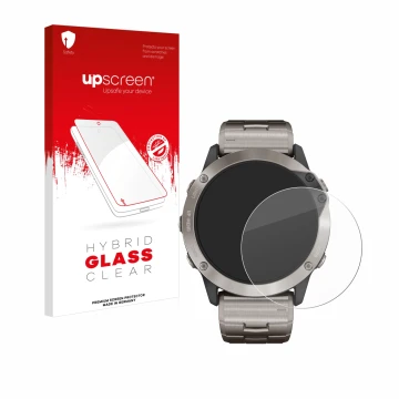 Parte frontal de un envase de producto con el logotipo de la marca upscreen. Al lado se muestra el dispositivo Garmin quatix 6