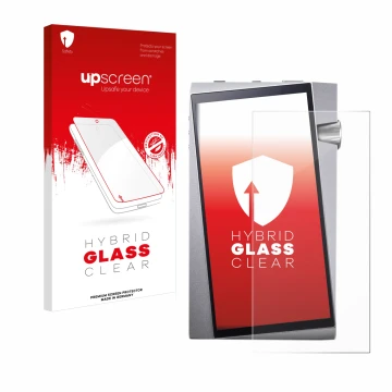 Parte frontal de un envase de producto con el logotipo de la marca upscreen. Al lado se muestra el dispositivo Astell&Kern A&n