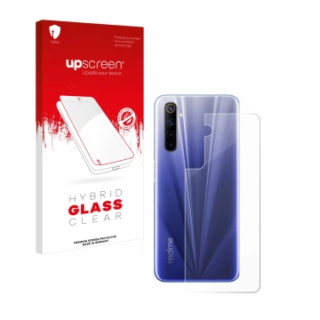 Parte frontal de un envase de producto con el logotipo de la marca upscreen. Al lado se muestra el dispositivo realme 6 (Trase