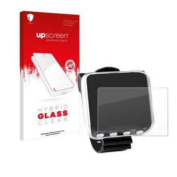 Parte frontal de un envase de producto con el logotipo de la marca upscreen. Al lado se muestra el dispositivo Mares Genius co