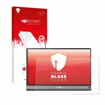 Parte frontal de un envase de producto con el logotipo de la marca upscreen. Al lado se muestra el dispositivo ASUS ZenScreen 