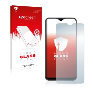 Parte frontal de un envase de producto con el logotipo de la marca upscreen. Al lado se muestra el dispositivo Xiaomi Redmi 9 