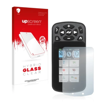 Parte frontal de un envase de producto con el logotipo de la marca upscreen. Al lado se muestra el dispositivo Minn Kota I-Pil