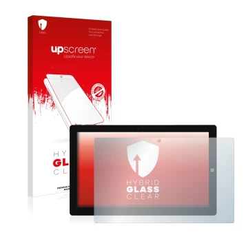 Parte frontal de un envase de producto con el logotipo de la marca upscreen. Al lado se muestra el dispositivo Chuwi UBook 11.