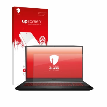 Parte frontal de un envase de producto con el logotipo de la marca upscreen. Al lado se muestra el dispositivo MSI GF75 10SDR-