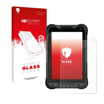 Parte frontal de un envase de producto con el logotipo de la marca upscreen. Al lado se muestra el dispositivo UniStrong UT30 