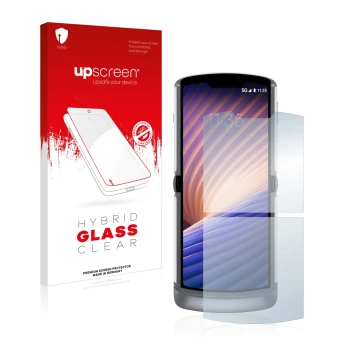 Parte frontal de un envase de producto con el logotipo de la marca upscreen. Al lado se muestra el dispositivo Motorola Razr 5