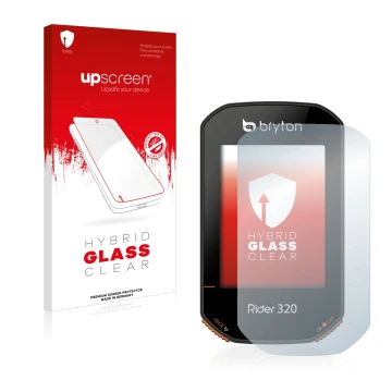 Parte frontal de un envase de producto con el logotipo de la marca upscreen. Al lado se muestra el dispositivo Bryton Rider 32