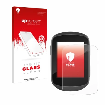 Parte frontal de un envase de producto con el logotipo de la marca upscreen. Al lado se muestra el dispositivo Garmin Edge 130