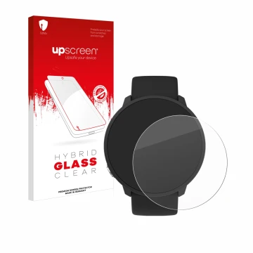 Parte frontal de un envase de producto con el logotipo de la marca upscreen. Al lado se muestra el dispositivo Polar Unite con