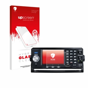 Parte frontal de un envase de producto con el logotipo de la marca upscreen. Al lado se muestra el dispositivo Uniden SDS200E 