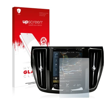 Parte frontal de un envase de producto con el logotipo de la marca upscreen. Al lado se muestra el dispositivo Volvo S60 Sensu