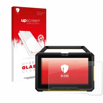 Parte frontal de un envase de producto con el logotipo de la marca upscreen. Al lado se muestra el dispositivo Dell Latitude 7