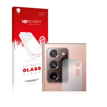 Parte frontal de un envase de producto con el logotipo de la marca upscreen. Al lado se muestra el dispositivo Samsung Galaxy 