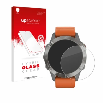 Parte frontal de un envase de producto con el logotipo de la marca upscreen. Al lado se muestra el dispositivo Garmin Fenix 6 