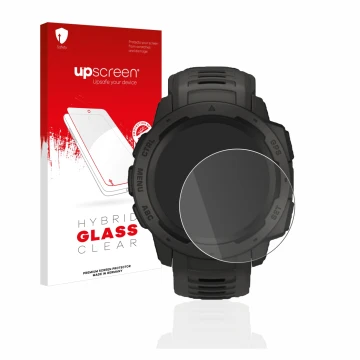 Parte frontal de un envase de producto con el logotipo de la marca upscreen. Al lado se muestra el dispositivo Garmin Instinct