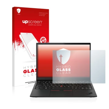 Parte frontal de un envase de producto con el logotipo de la marca upscreen. Al lado se muestra el dispositivo Lenovo ThinkPad