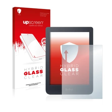 Parte frontal de un envase de producto con el logotipo de la marca upscreen. Al lado se muestra el dispositivo Kobo Nia con su