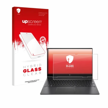Parte frontal de un envase de producto con el logotipo de la marca upscreen. Al lado se muestra el dispositivo HP Envy x360 (1