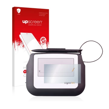 Parte frontal de un envase de producto con el logotipo de la marca upscreen. Al lado se muestra el dispositivo Signotec Signat