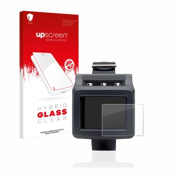 Parte frontal de un envase de producto con el logotipo de la marca upscreen. Al lado se muestra el dispositivo Uwatec Galileo 