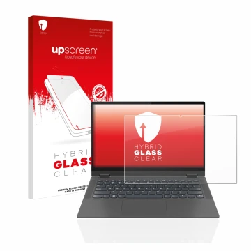 Parte frontal de un envase de producto con el logotipo de la marca upscreen. Al lado se muestra el dispositivo Lenovo IdeaPad 