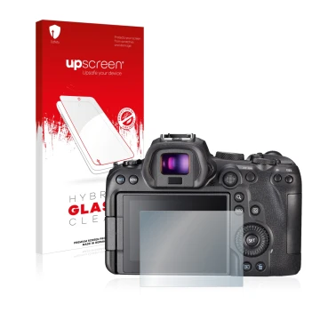 Parte frontal de un envase de producto con el logotipo de la marca upscreen. Al lado se muestra el dispositivo Sony A7S III co