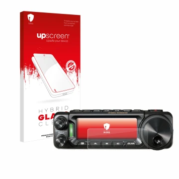 Parte frontal de un envase de producto con el logotipo de la marca upscreen. Al lado se muestra el dispositivo Yaesu FT-891 co