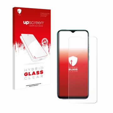 Parte frontal de un envase de producto con el logotipo de la marca upscreen. Al lado se muestra el dispositivo Ulefone Note 9P