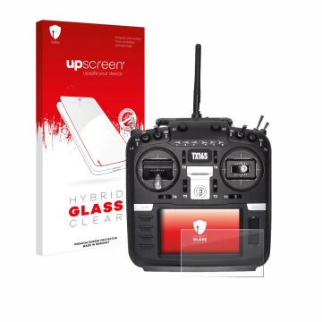Parte frontal de un envase de producto con el logotipo de la marca upscreen. Al lado se muestra el dispositivo Radiomaster TX1