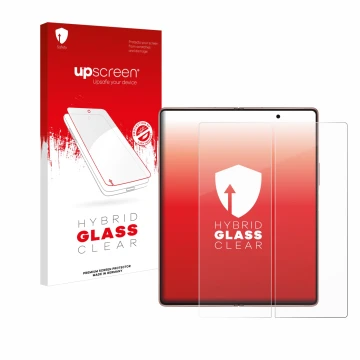 Parte frontal de un envase de producto con el logotipo de la marca upscreen. Al lado se muestra el dispositivo Samsung Galaxy 