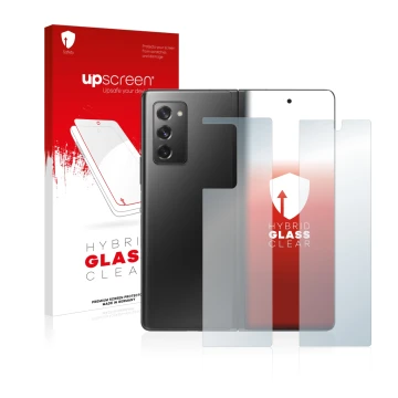 Parte frontal de un envase de producto con el logotipo de la marca upscreen. Al lado se muestra el dispositivo Samsung Galaxy 